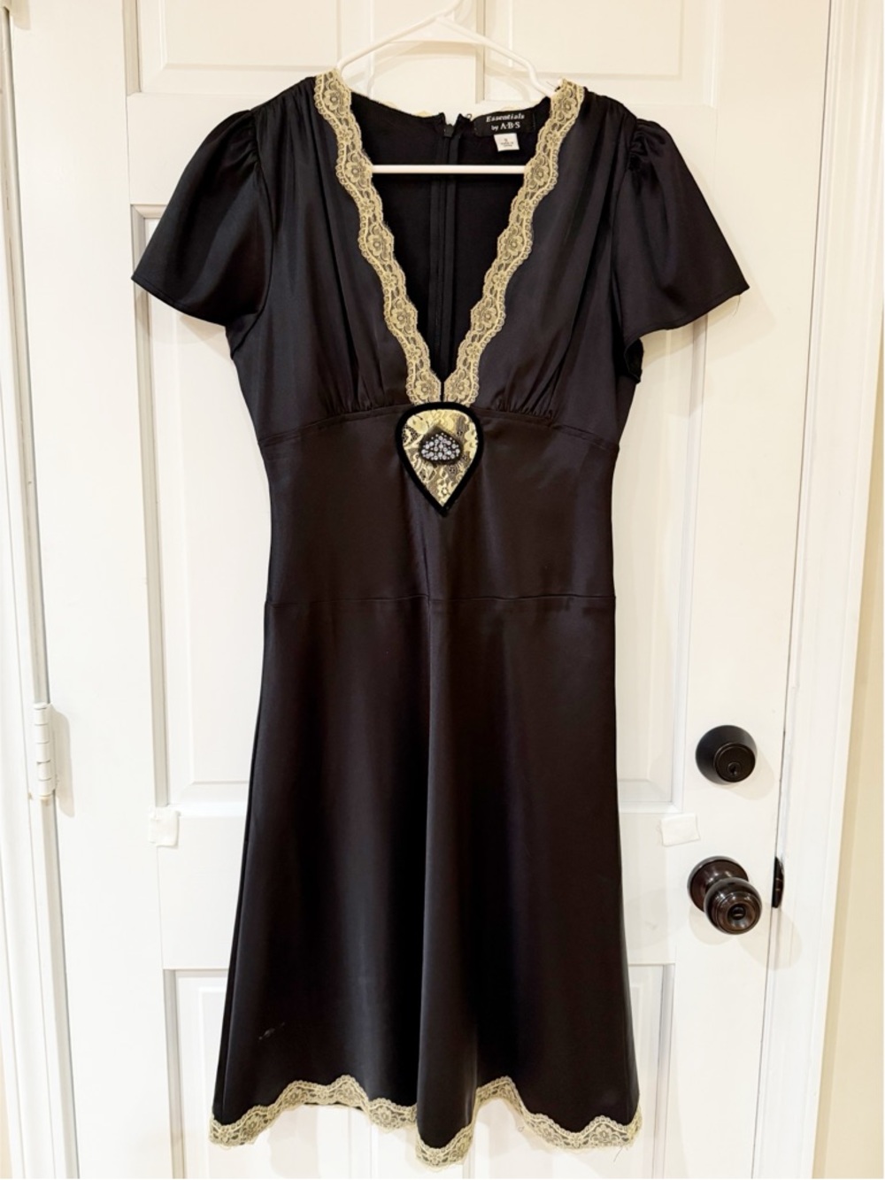 Y2K Essentials by ABS Black Satin Gold Lace Embellished Dress Size 6